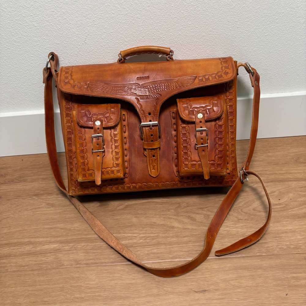 Vintage Hand Tooled Leather Briefcase Mens Messenger Bag Eagle Aztec Sun Mexico